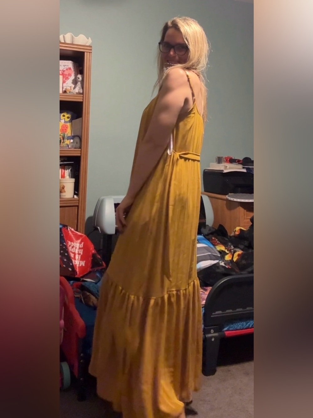 Lulu's Mustard Pleated Neckline Maxi Dress